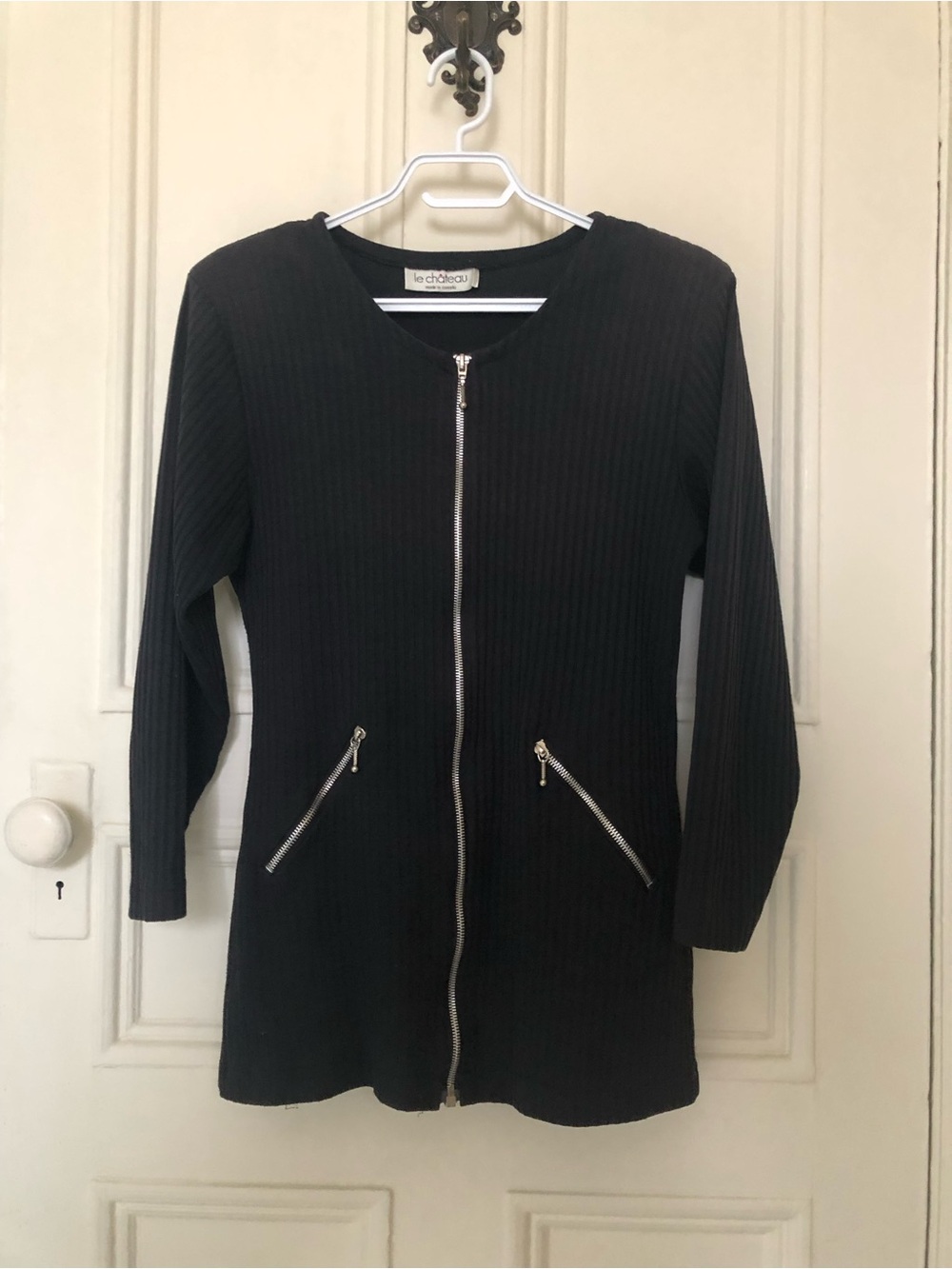 le chateau Black Ribbed Zip-Front Long Sleeve Dress